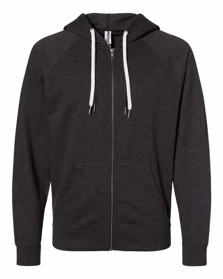 Unisex Lightweight Loopback Terry Zip Hoodie in Charcoal Heather — front