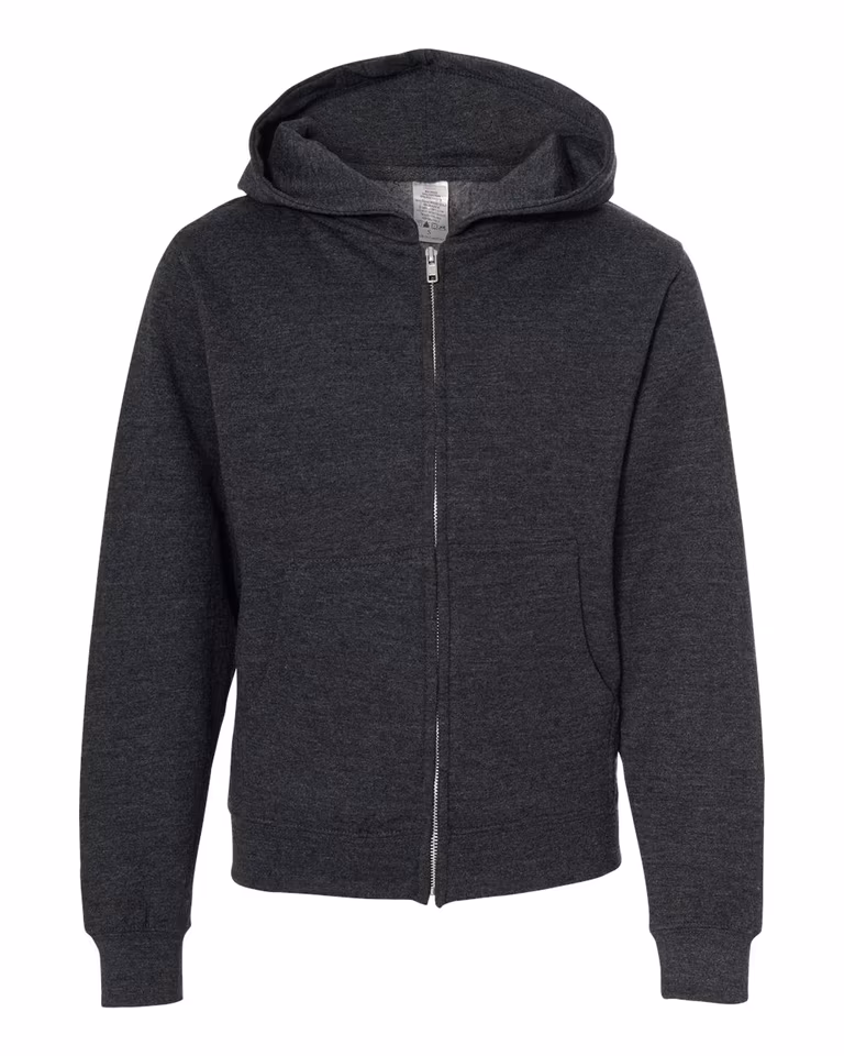 Youth Midweight Full-Zip Hoodie in Charcoal Heather — front